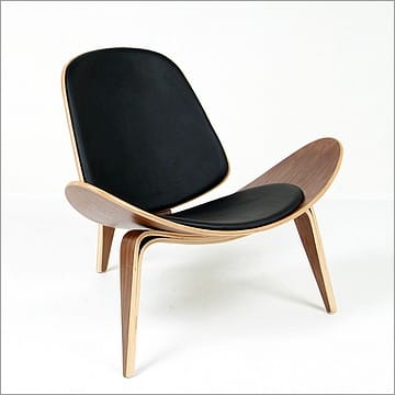 Shell Chair - Black Leather and Medium Walnut Wood Finish