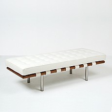 Mies van der Rohe: Exhibition 2-Seat Bench - Polar White Leather- Medium Walnut Hardwood frame