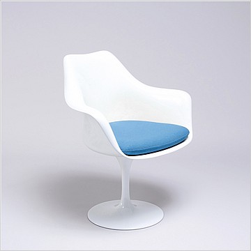 Saarinen Style: Tulip Arm Chair - White Shell - Aegean Blue Upholstered Seat Cushion