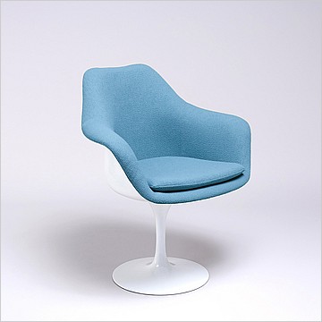 Saarinen Style: Tulip Arm Chair - White Shell - Fully Upholstered - Indigo Blue Fabric