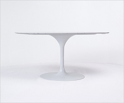 Eero Saarinen Style: Tulip Dining Table 60 Inch Oval - White Quartz with Grey Veins