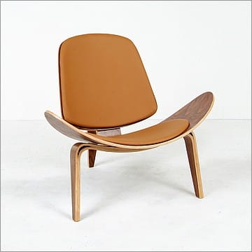 Shell Chair - Earth Tan Leather and Medium Walnut Wood Finish