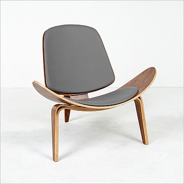 Clearance: Wegner Style Shell Chair - Charcoal Gray Leather and Medium Walnut Wood