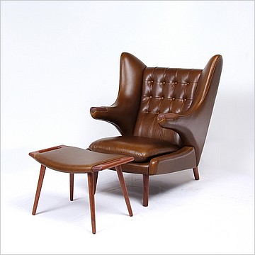 Clearance: Papa Bear Chair with Footstool - Muddy Green Leather - Walnut