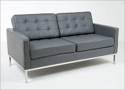 Florence Knoll Loveseat - Charcoal Gray Leather - with Buttons