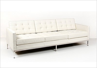 Florence Knoll Sofa - Arctic White Leather - with Buttons
