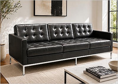 Florence Sofa - Premium Shiny Black Leather - with Buttons