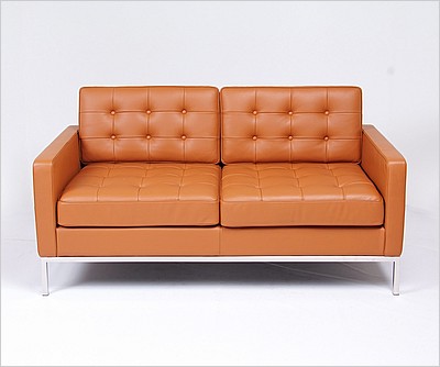Clearance: Florence Knoll Loveseat - Sienna Brown Leather - with Buttons
