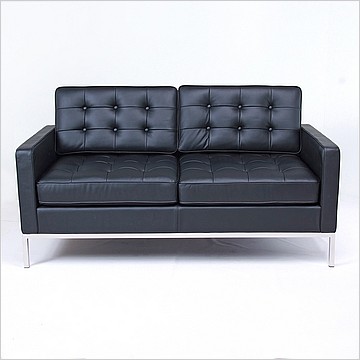 Clearance: Florence Knoll Loveseat - Premium Black Leather - with Buttons