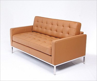 Clearance: Florence Knoll Loveseat (Single Width Cushions) - Earth Tan Leather - No Buttons