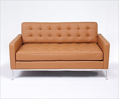 Clearance: Florence Knoll Loveseat (Single Width Cushions) - Earth Tan Leather - No Buttons