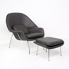 Show product details for Womb Chair Chair with Ottoman - Premium Black Leather