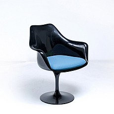 Saarinen Style: Tulip Arm Chair - Black Shell - Aegean Blue Upholstered Seat Cushion