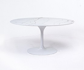 Tulip Dining Table 60 Inch Oval - White Quartz with Grey Veins