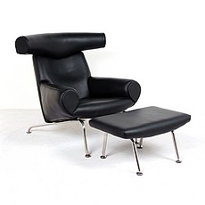 Show product details for Wegner Ox Chair and Ottoman - Black Leather