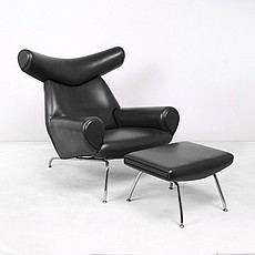 Show product details for Wegner Ox Chair and Ottoman - Premium Black Leather