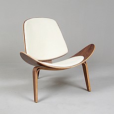 Show product details for Clearance: Wegner Style Shell Chair - Arctic White Leather and Medium Walnut Wood