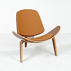 Shell Chair - Earth Tan Leather and Medium Walnut Wood Finish
