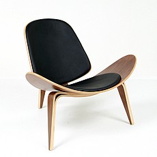 Shell Chair - Black Leather and Medium Walnut Wood Finish