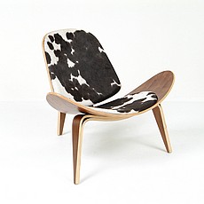 Wegner Style: Shell Chair - Black/White Pony Hide and Medium Walnut Wood Finish