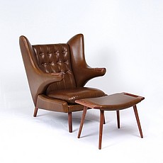 Show product details for Clearance: Papa Bear Chair with Footstool - Muddy Green Leather - Walnut