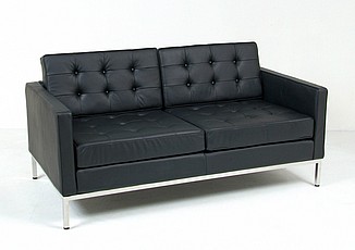 Florence Knoll Loveseat - Premium Black Leather - with Buttons