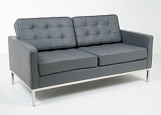 Florence Knoll Loveseat - Charcoal Gray Leather - with Buttons
