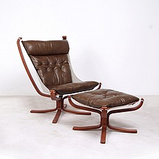 Show product details for Sigurd Ressell Style: Falcon Chair and Footstool with Wood Frame - Espresso Brown Leather - Tan Canvas