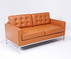 Show product details for Clearance: Florence Knoll Loveseat - Sienna Brown Leather - with Buttons