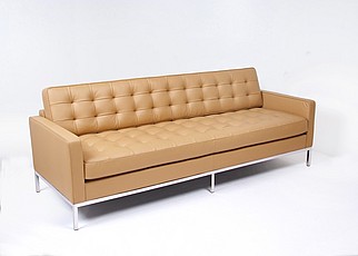 Show product details for Clearance: Florence Knoll Sofa (Single Width Cushions) - Driftwood Tan Leather - No Buttons